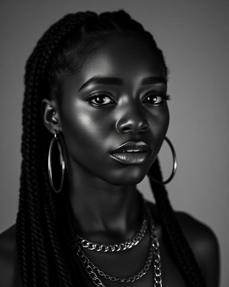 Retrato em preto e branco de rapper com tranças e brincos de argola