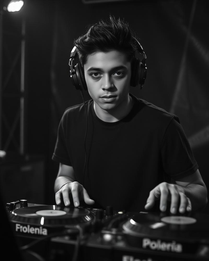 Retrato em preto e branco de DJ com fones atrás das pick-ups