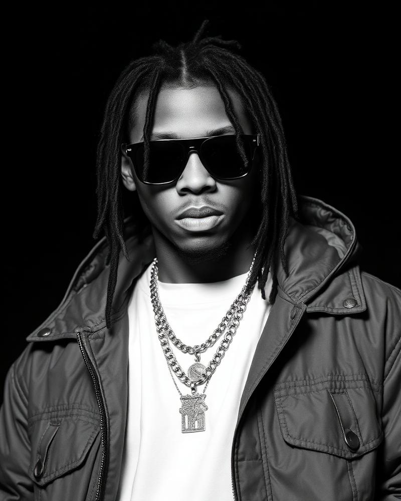 Retrato em preto e branco de rapper com dreads e óculos escuros