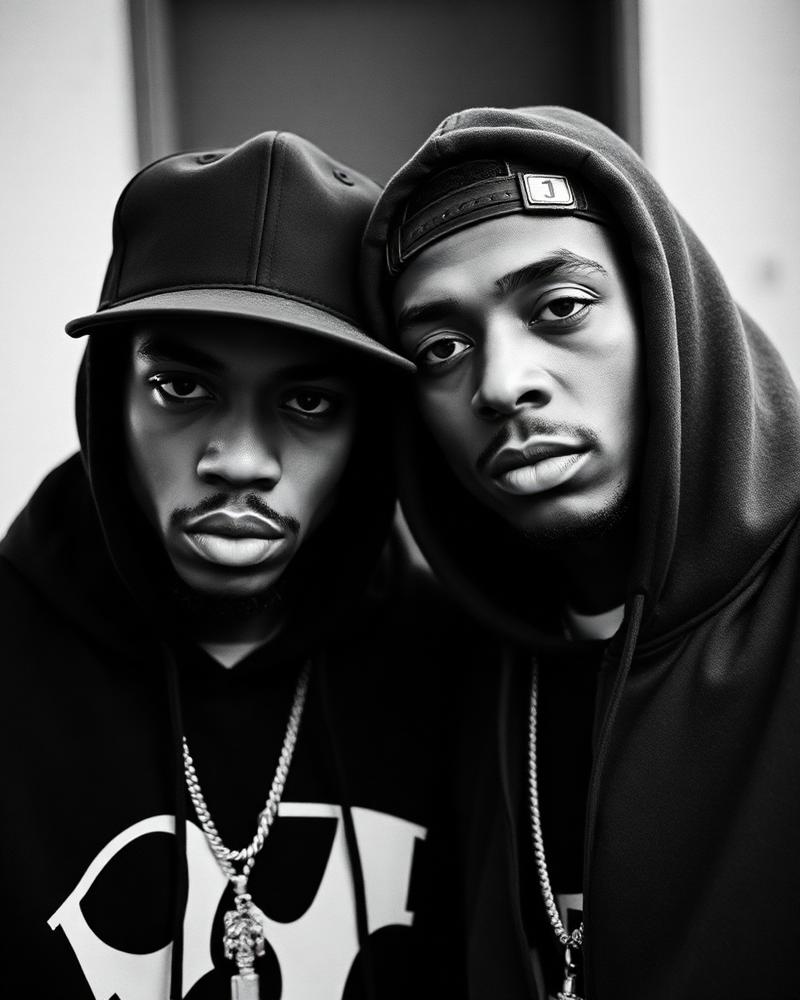 Retrato em preto e branco de dois rappers com boné e capuz