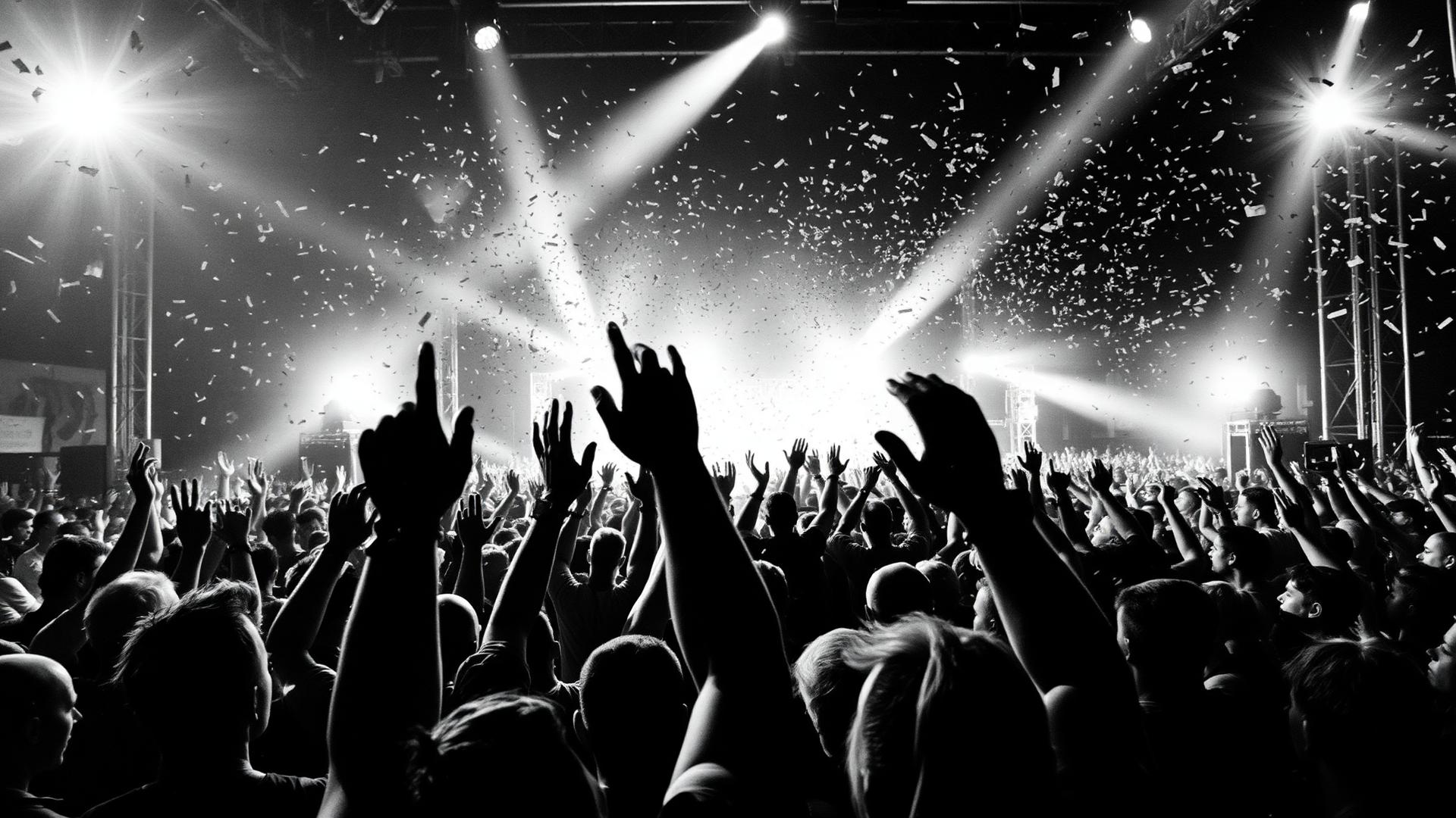 Público de um show com braços erguidos e luzes de palco